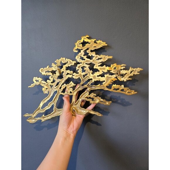 Brass Bonsai Wall Hanging Vintage Japanese Inspired MCM Gold Metal Tree Art - Picture 6 of 9